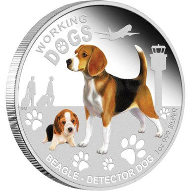 Tuvalu 2011 $1 Working Dogs Beagle Detector Dog 1oz Silver Coloured Proof Coin