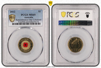 2012 $2 Remembrance Day Coloured Uncirculated Coin PCGS MS65
