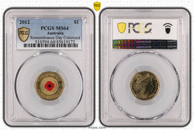 2012 $2 Remembrance Day Coloured Uncirculated Coin PCGS MS64