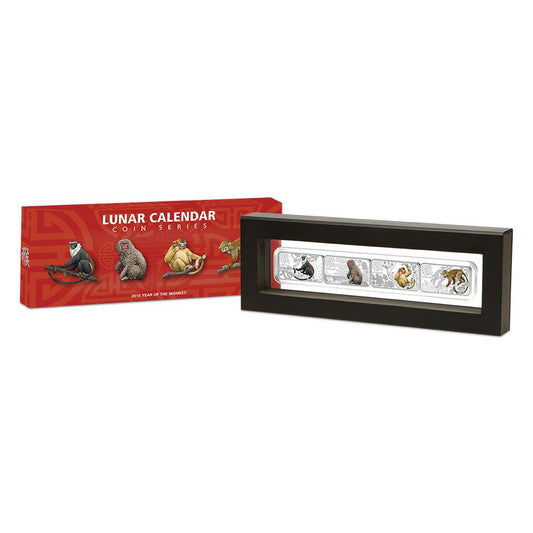 Cook Islands 2016 $1 Lunar Calendar Year of The Monkey 1oz Silver Coloured Rectangle 4 Coin Proof Set