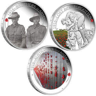 2016 50c The ANZAC Spirit 100th Anniversary 1/2oz Silver Coloured Proof 3 Coin Set