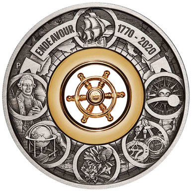 2020 $2 Voyage of Discovery Endeavour Rotating Helm 2oz Silver Antiqued Coin