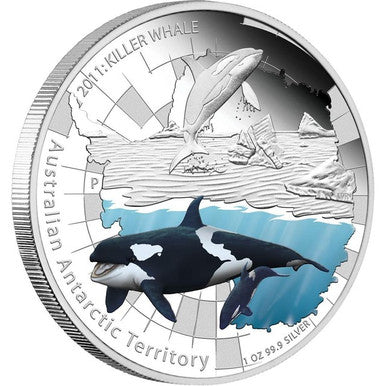 2011 $1 Australian Antarctic Territory Killer Whale 1oz Silver Coloured Proof Coin