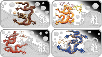 Cook Islands 2012 $1 Lunar Calendar Year of The Dragon 1oz Silver Coloured Proof Rectangle Shaped 4 Coin Set