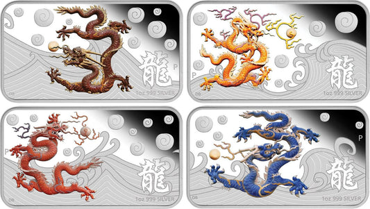 Cook Islands 2012 $1 Lunar Calendar Year of The Dragon 1oz Silver Coloured Proof Rectangle Shaped 4 Coin Set