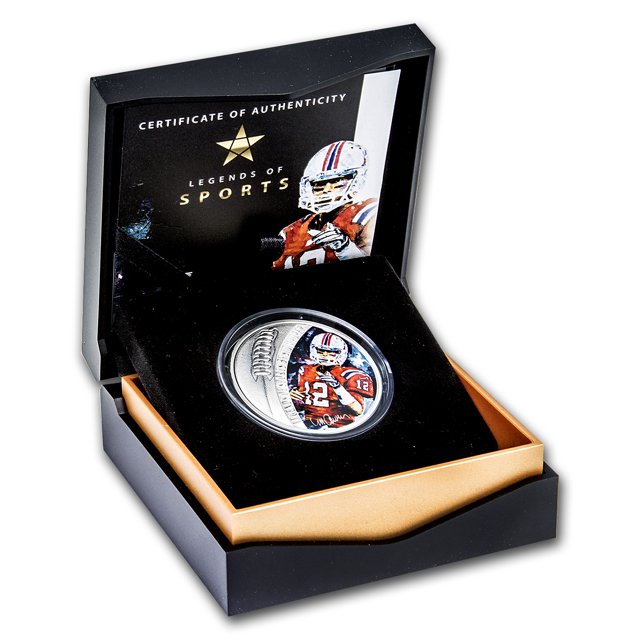 Solomon Islands 2018 $5 Legends of Sports by Sidney Maurer Tom Brady 1oz Silver Coloured Proof Coin
