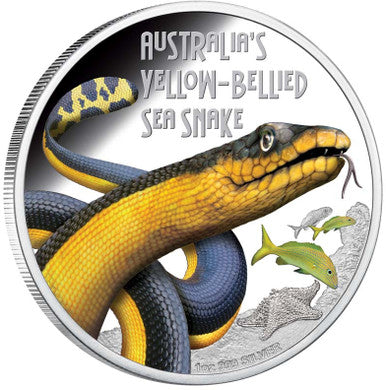 Tuvalu 2013 $1 Deadly and Dangerous Yellow Bellied Sea Snake 1oz Silver Coloured Proof Coin
