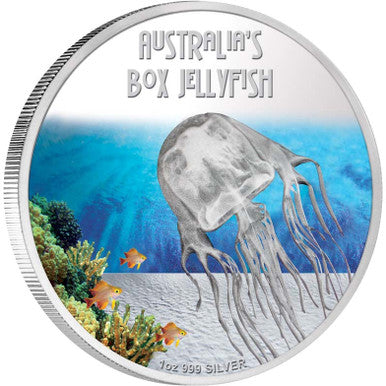 Tuvalu 2011 $1 Deadly and Dangerous Box Jellyfish 1oz Silver Coloured Proof Coin