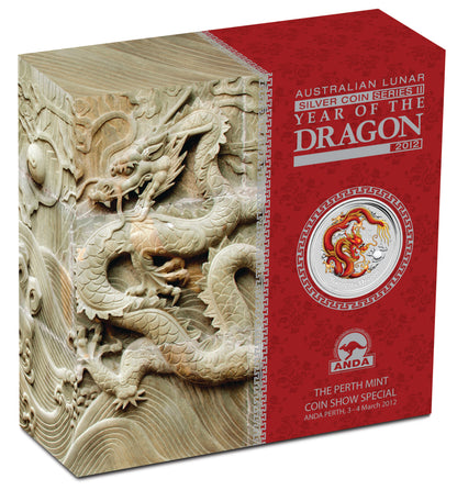 2012 $2 ANDA Perth Lunar Year of The Dragon 2oz Silver Coloured Coin