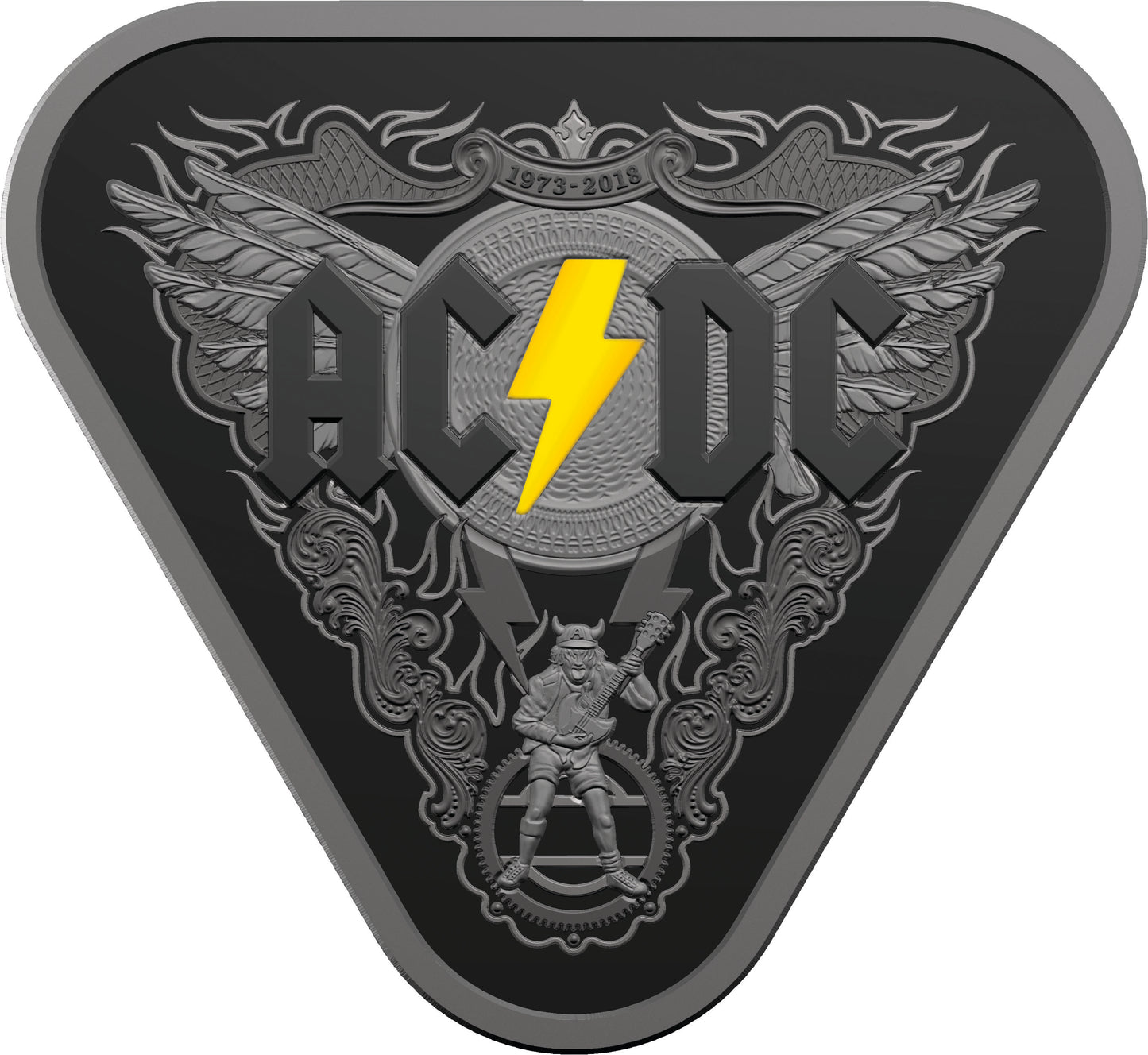 2018 $5 AC/DC 45 Years of Thunder Silver Coloured Proof Triangular Coin with Guitar Pick Set
