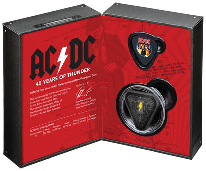 2018 $5 AC/DC 45 Years of Thunder Silver Coloured Proof Triangular Coin with Guitar Pick Set