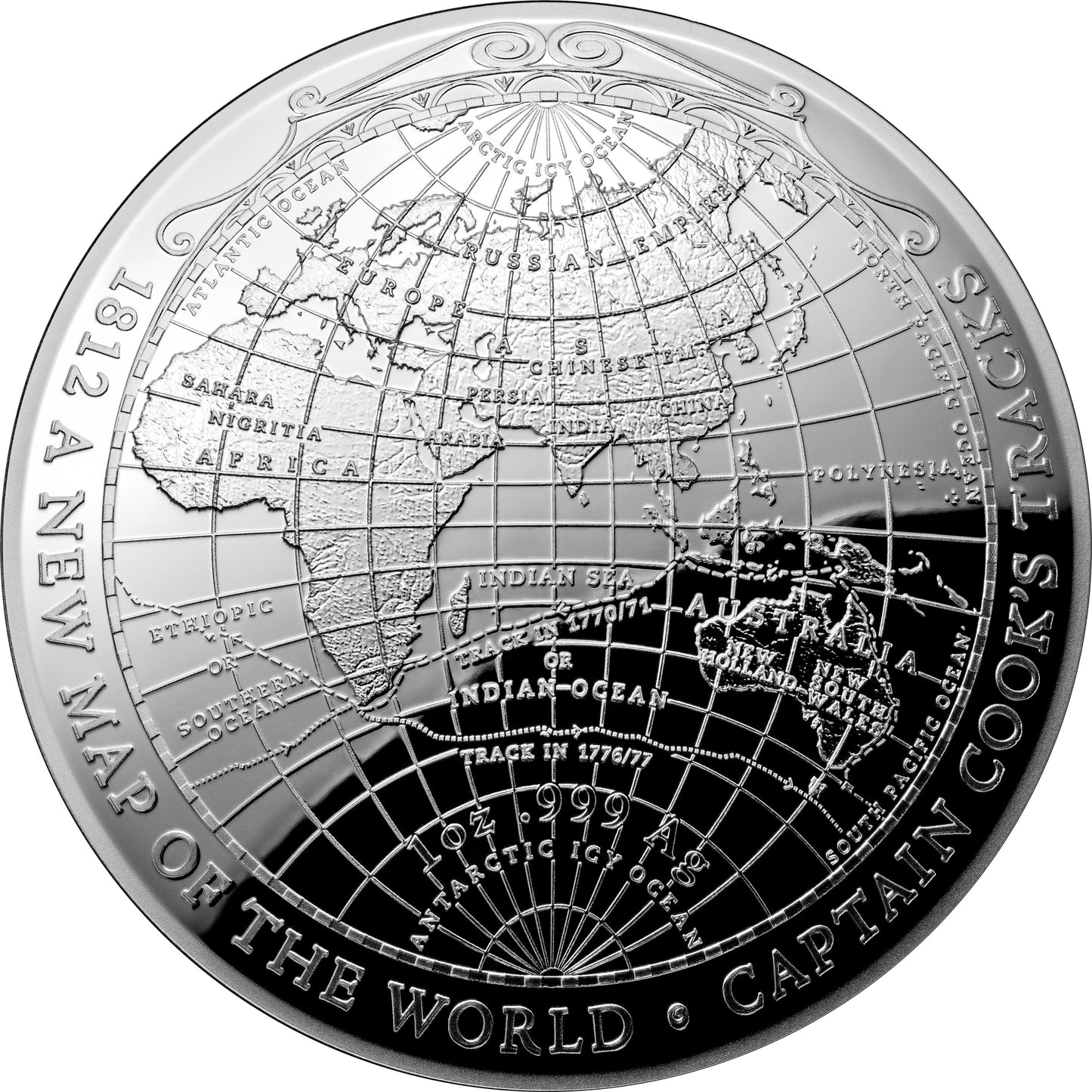 2019 $5 A New Map of The World 1812 Captain Cook's Tracks and His Discoveries 1oz Silver Proof Domed Coin