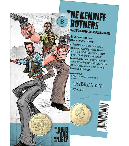 2019 $1 Australian Bushrangers The Bold The Bad and The Ugly The Kenniff Brothers 'B' Counterstamp Uncirculated Coin