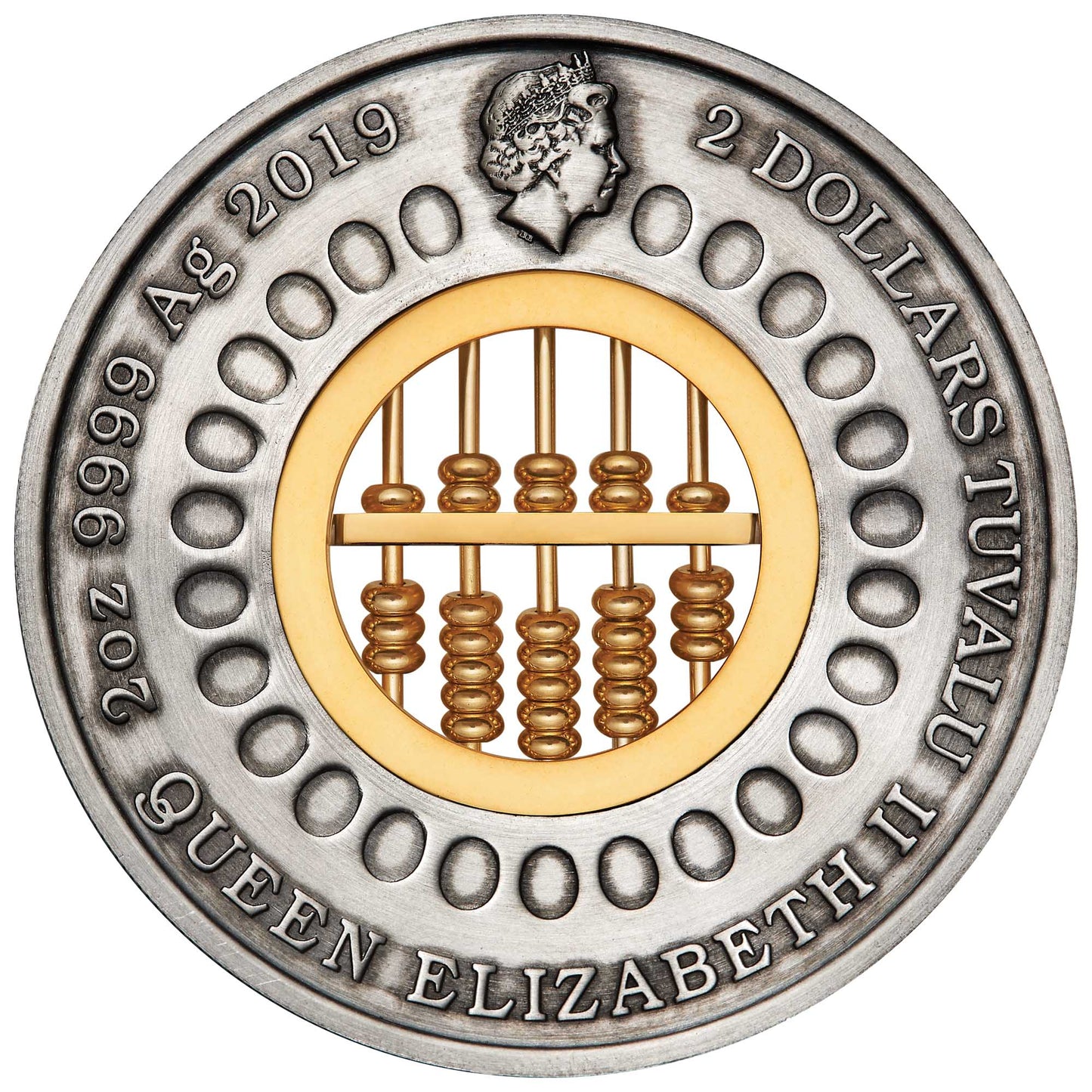 Tuvalu 2019 $2 Abacus Selectively Gold Plated 2oz Silver Antiqued Coin