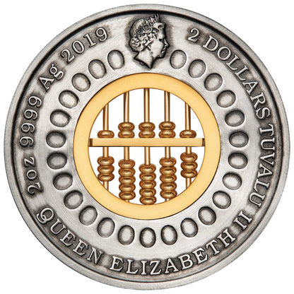 Tuvalu 2019 $2 Abacus Selectively Gold Plated 2oz Silver Antiqued Coin