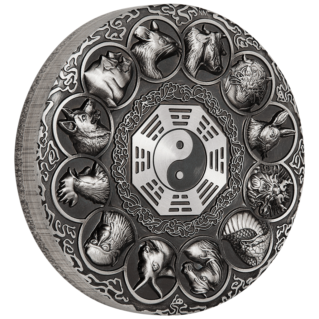 Tuvalu 2019 $5 12 Lunar Animals 5oz Silver Antiqued Coin