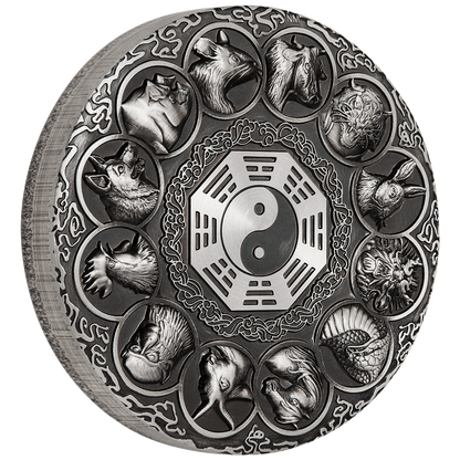 Tuvalu 2019 $5 12 Lunar Animals 5oz Silver Antiqued Coin