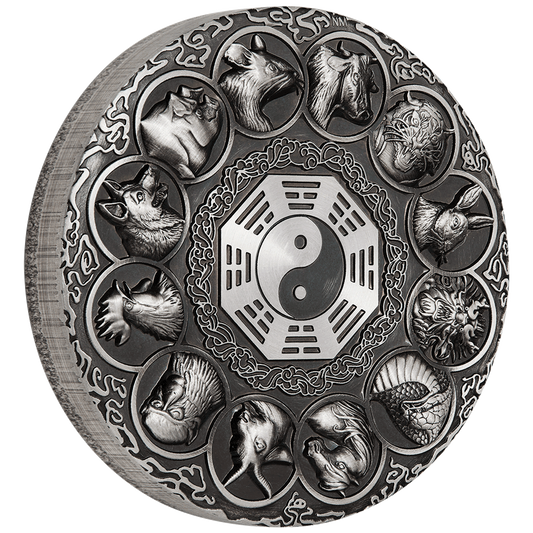 Tuvalu 2019 $5 12 Lunar Animals 5oz Silver Antiqued Coin