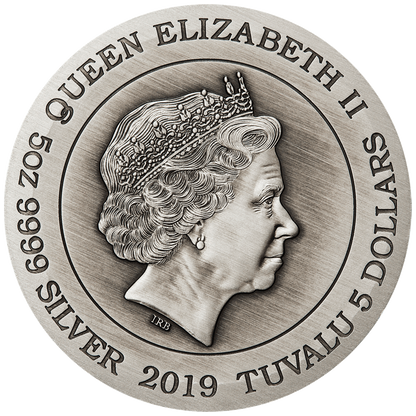 Tuvalu 2019 $5 12 Lunar Animals 5oz Silver Antiqued Coin