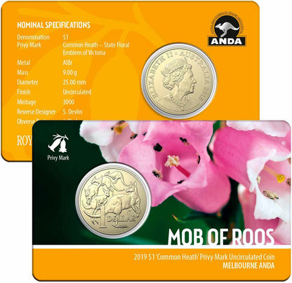 2019 $1 ANDA Melbourne Mob of Roos 'Common Heath' Privy Mark Uncirculated Coin