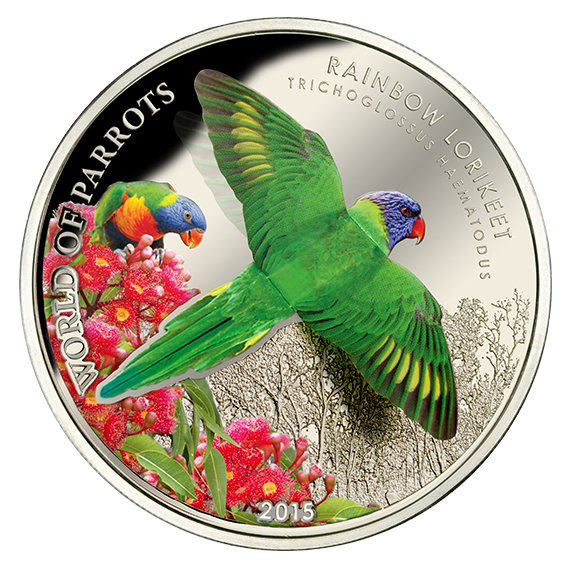 Cook Islands 2015 $5 World of Parrots Rainbow Lorikeet Silver Coloured 3D Coin