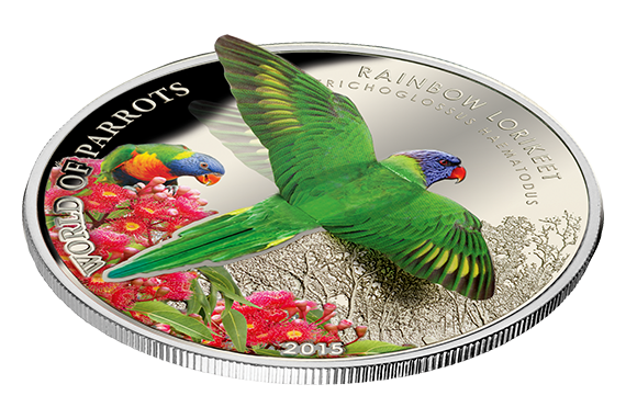 Cook Islands 2015 $5 World of Parrots Rainbow Lorikeet Silver Coloured 3D Coin