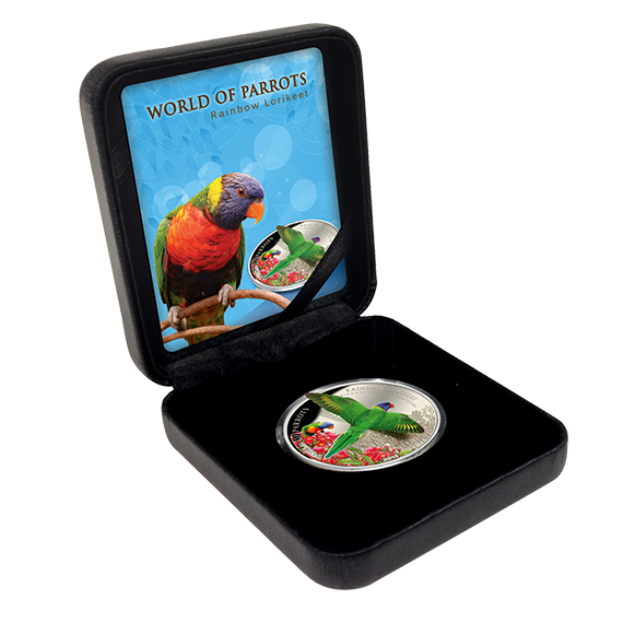 Cook Islands 2015 $5 World of Parrots Rainbow Lorikeet Silver Coloured 3D Coin