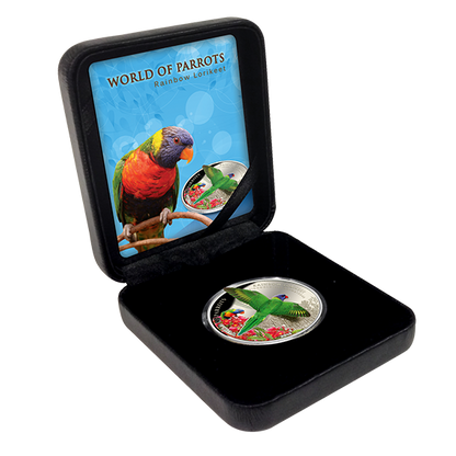 Cook Islands 2015 $5 World of Parrots Rainbow Lorikeet Silver Coloured 3D Coin