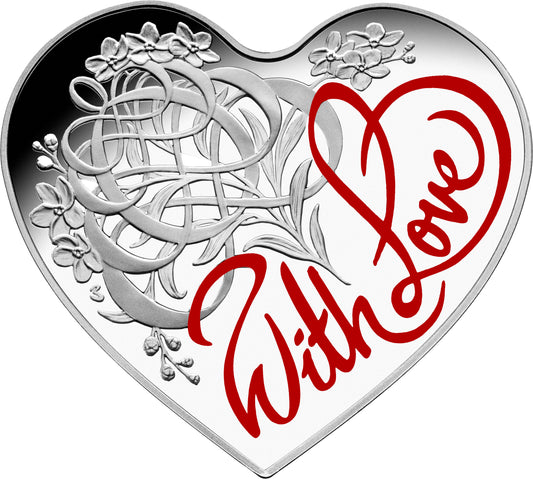 2016 $5 With Love 1oz Silver Coloured Proof Heart Shaped Coin