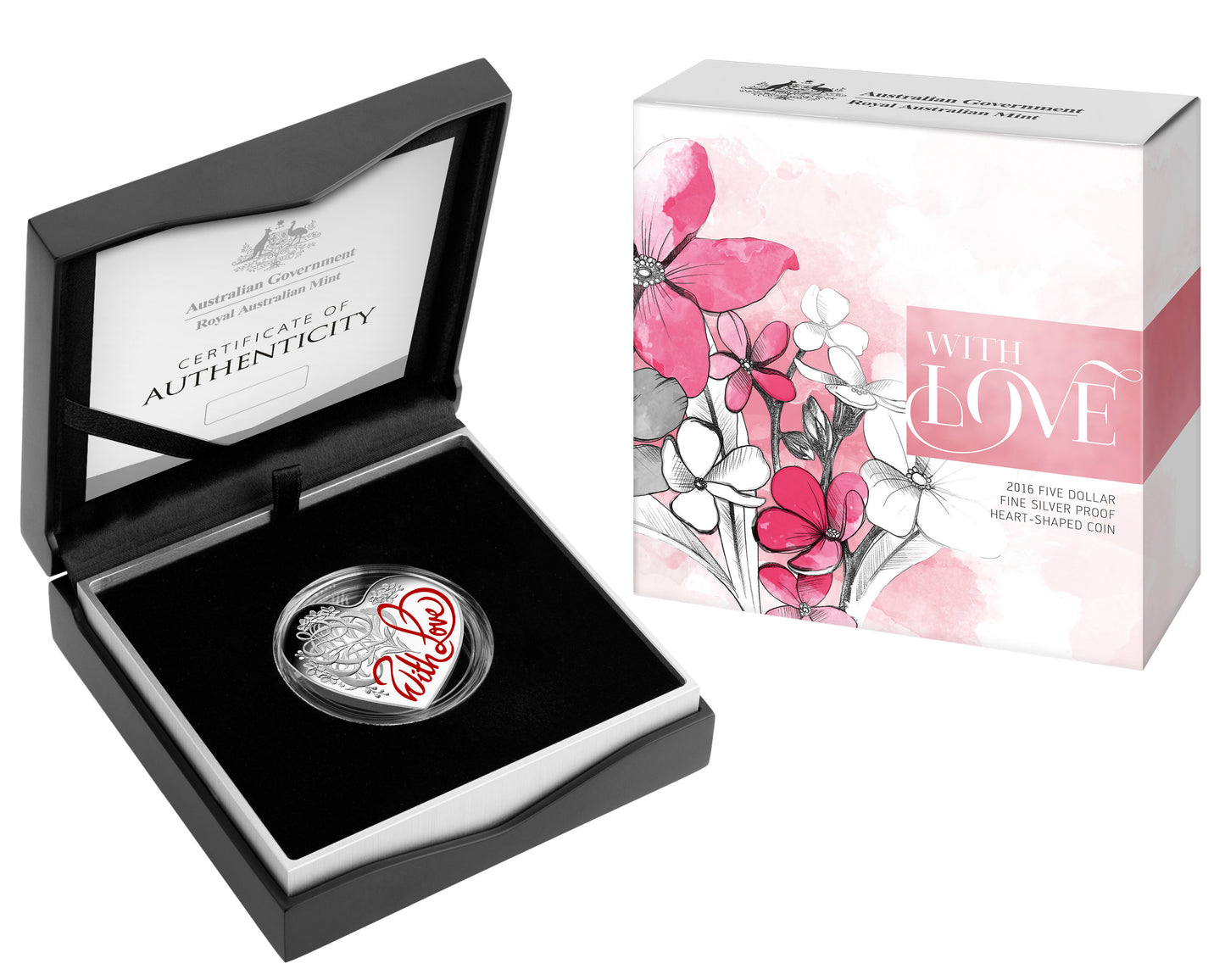 2016 $5 With Love 1oz Silver Coloured Proof Heart Shaped Coin