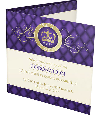 2013 $2 60th Anniversary of The Coronation of Her Majesty Queen Elizabeth II 'C' Mintmark Coloured Uncirculated Coin