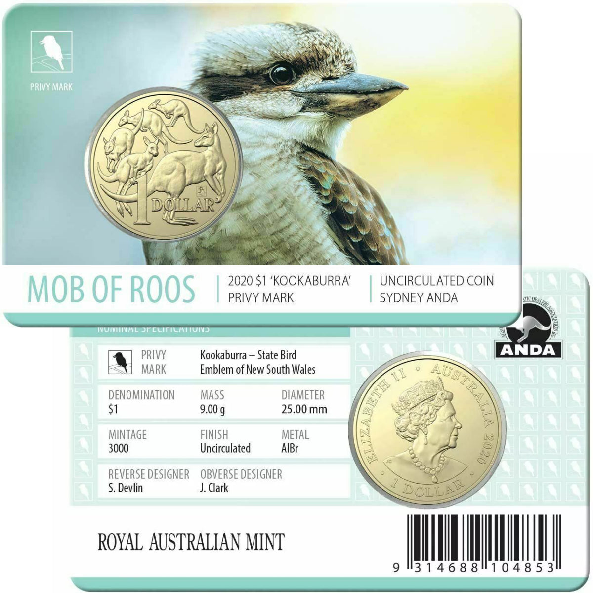 2020 $1 ANDA Sydney Mob of Roos 'Kookaburra' Privy Mark Uncirculated Coin
