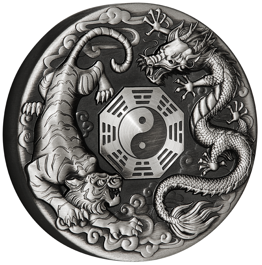 Tuvalu 2021 $2 Chinese Mythical Creatures Dragon & Tiger 2oz Silver Antiqued Coin