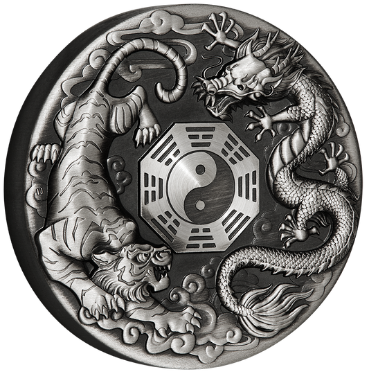 Tuvalu 2021 $2 Chinese Mythical Creatures Dragon & Tiger 2oz Silver Antiqued Coin