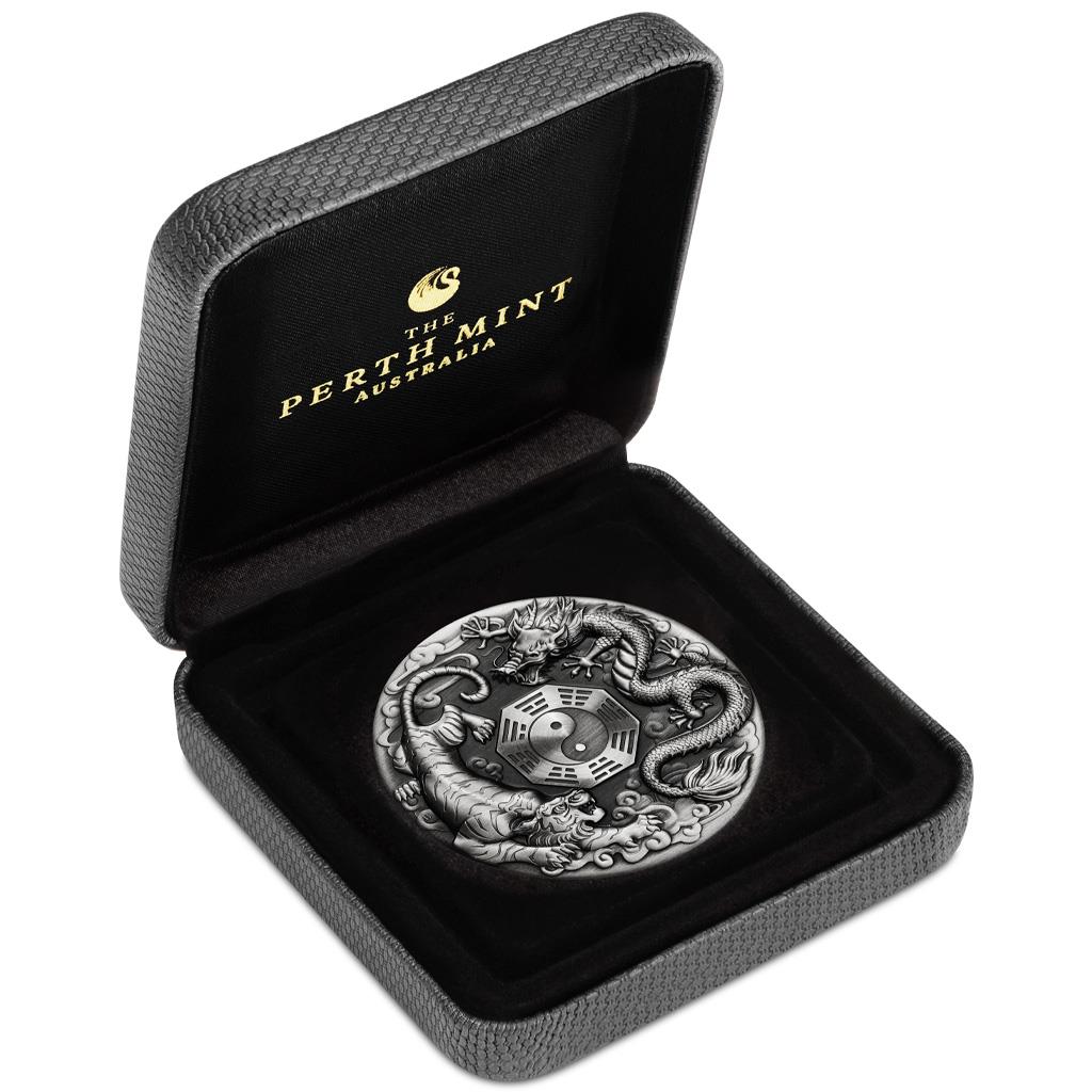 Tuvalu 2021 $2 Chinese Mythical Creatures Dragon & Tiger 2oz Silver Antiqued Coin