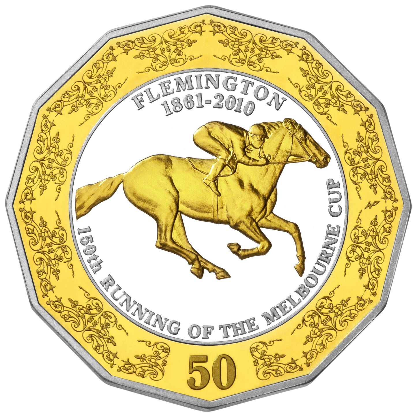 2010 50c 150th Running of The Melbourne Cup Selectively Gold Plated Silver Proof 2 Coin Set