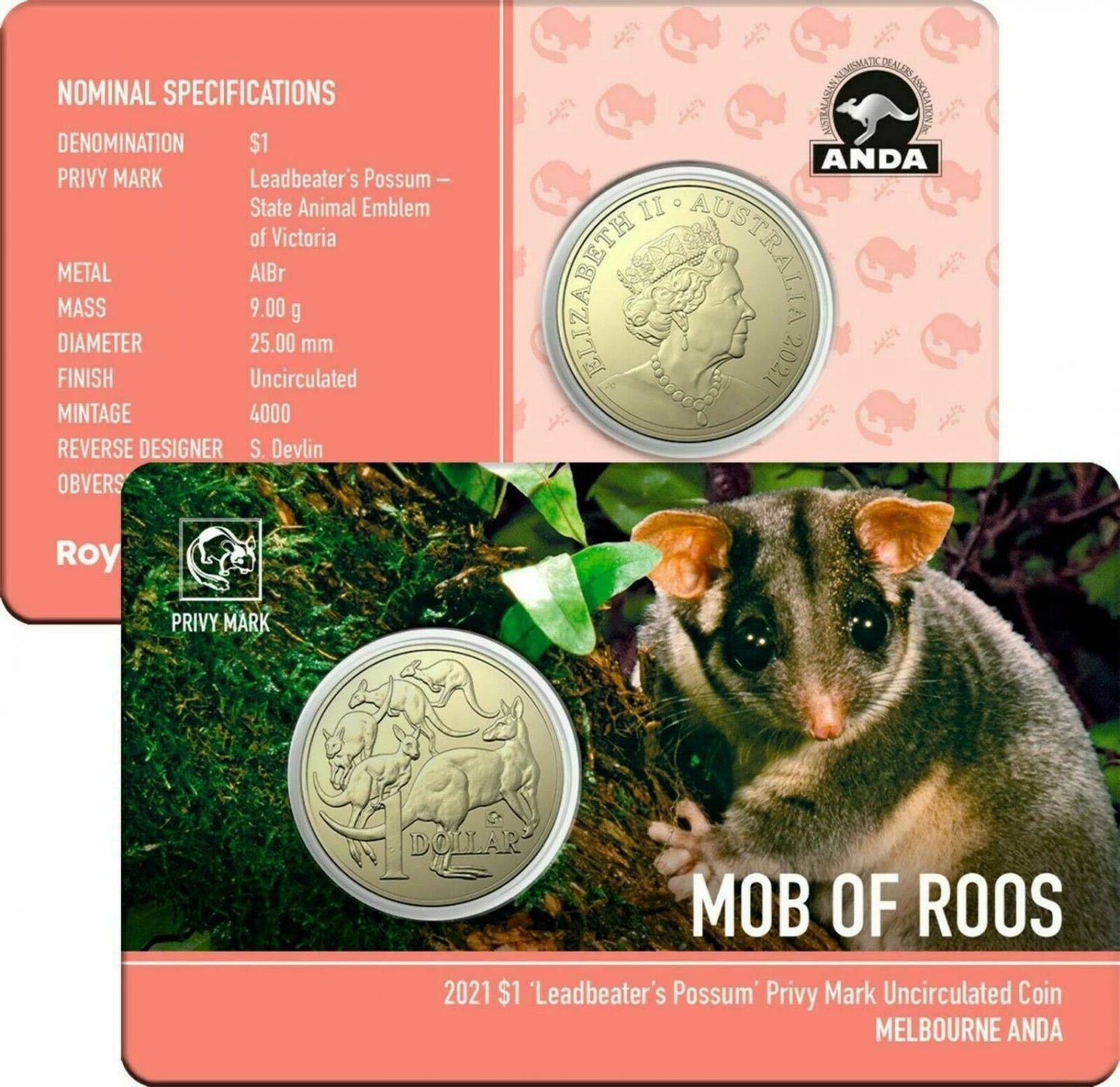 2021 $1 ANDA Melbourne Mob of Roos 'Leadbeater's Possum' Privy Mark Uncirculated Coin