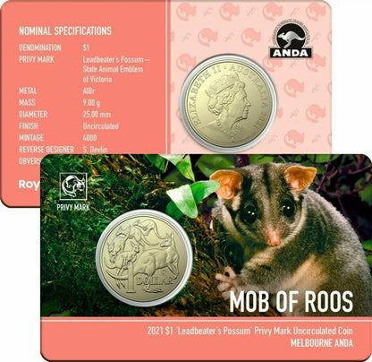 2021 $1 ANDA Melbourne Mob of Roos 'Leadbeater's Possum' Privy Mark Uncirculated Coin