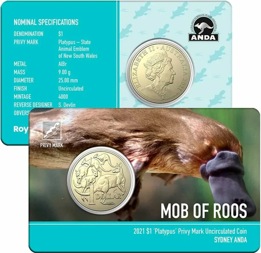 2021 $1 ANDA Sydney Mob of Roos 'Platypus' Privy Mark Uncirculated Coin