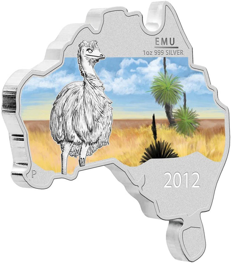 2012 $1 Australian Map Shaped Emu 1oz Silver Coloured Coin