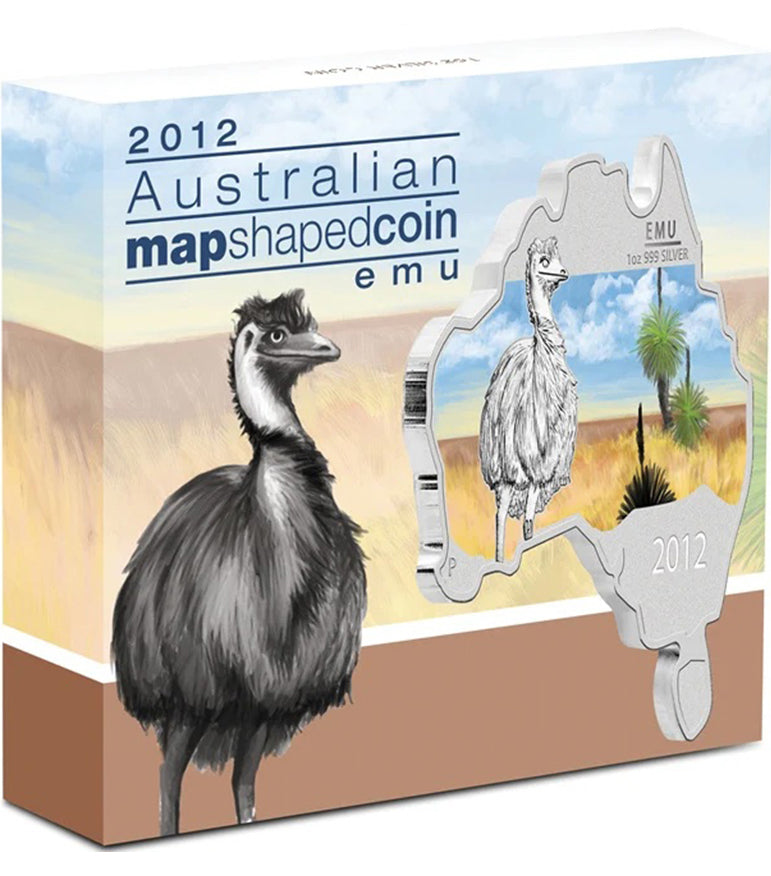 2012 $1 Australian Map Shaped Emu 1oz Silver Coloured Coin
