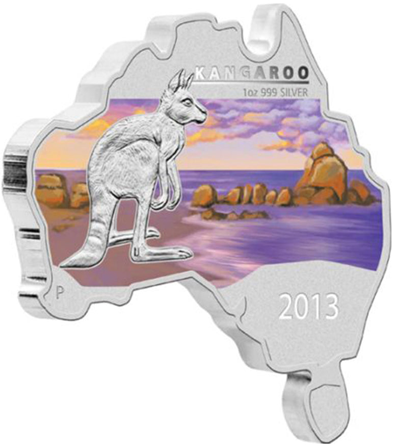 2013 $1 Australian Map Shaped Kangaroo 1oz Silver Coloured Coin