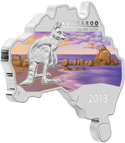 2013 $1 Australian Map Shaped Kangaroo 1oz Silver Coloured Coin