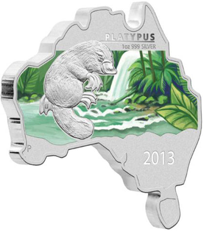 2013 $1 Australian Map Shaped Platypus 1oz Silver Coloured Coin