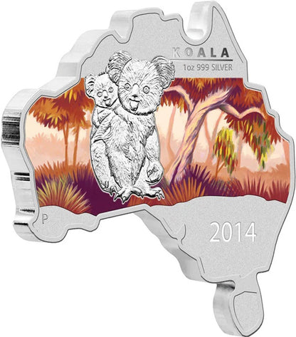 2014 $1 Australian Map Shaped Koala 1oz Silver Coloured Coin