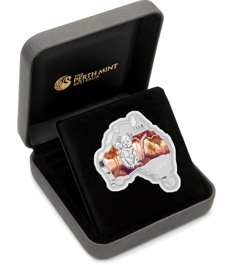 2014 $1 Australian Map Shaped Koala 1oz Silver Coloured Coin