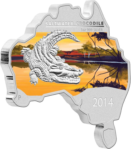 2014 $1 Australian Map Shaped Crocodile 1oz Silver Coloured Coin