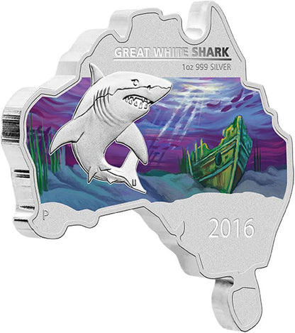 2016 $1 Australian Map Shaped Great White Shark 1oz Silver Coloured Coin