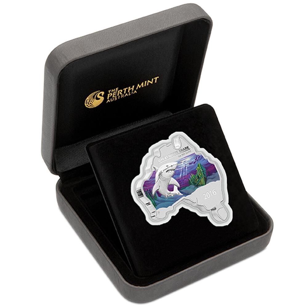 2016 $1 Australian Map Shaped Great White Shark 1oz Silver Coloured Coin