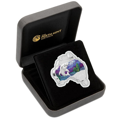 2016 $1 Australian Map Shaped Great White Shark 1oz Silver Coloured Coin